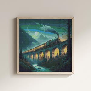 May include: A framed cross-stitch artwork depicts a train crossing a stone bridge at night. The train is green and gold, with illuminated windows. The bridge arches are lit from below, and the background features mountains, a river, and a moonlit sky.