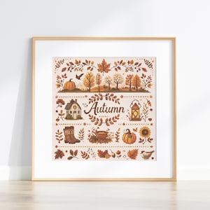 Puede incluir: Un cuadro de punto de cruz con la palabra Autumn en el centro, rodeada de motivos estacionales que incluyen una casa, un farol, calabazas, girasoles, botas, un cuenco, pájaros y varias hojas de otoño en tonos naranjas y marrones.