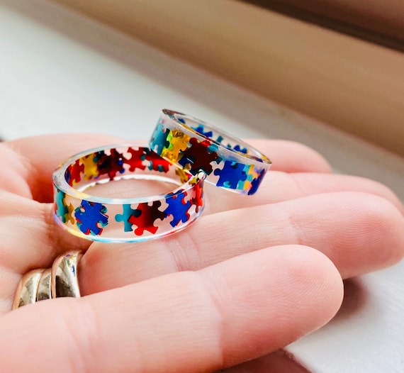 The Original Primary Color Autism Awareness Puzzle Pieces Resin Ring Autism Awareness Jewelry