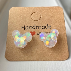 Mickey Inspired Iridescent Mouse Ears- Disney Earrings- Rainbow Iridescent Polka Dot Mouse Ears cast in resin with clear stud backs.