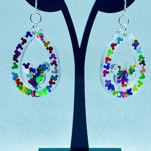 Mickey Inspired Mouse Disney-Inspired Jewelry Earrings-Multi colored metallic ears in clear resin as earrings, anniversary or birthday gift