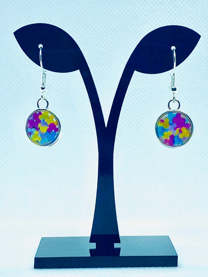 anniversary or birthday gift Mickey Mouse Disney Jewelry Earrings-Mulitcolored Mickey ears in clear resin as silver earrings