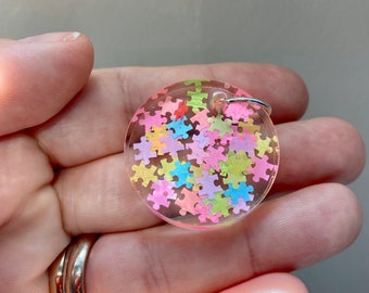 Neon Autism Awareness Jewelry-Puzzle Pieces in Clear Resin as a Pendant/Autistic Jewelry/