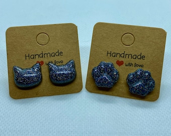 Negro Holográfico Gato Resina Joyería-Cat tachuelas o paw studs - su elección! Espaldas hipoalergénicas
