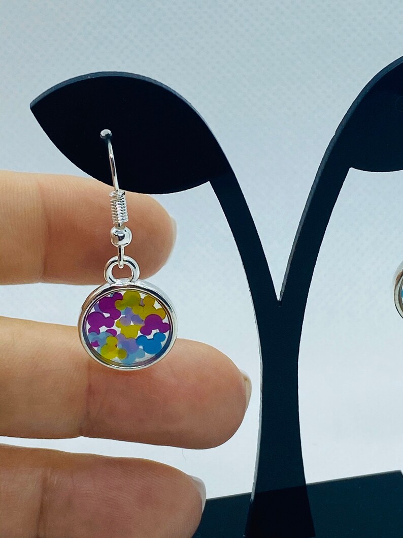 anniversary or birthday gift Mickey Mouse Disney Jewelry Earrings-Mulitcolored Mickey ears in clear resin as silver earrings