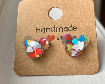 Mickey Inspired Mickey Inspired Rainbow Heart Mouse Ears- Disney-Inspired Earrings-Mouse Ears cast in resin with clear stud backs.