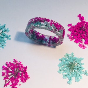 Flower Resin Ring/Pink & Light Turquoise Flowers/Clear Resin Ring/Real Flower Ring/Wedding/Engagement Ring/Real Floral Ring/Terrarium Ring
