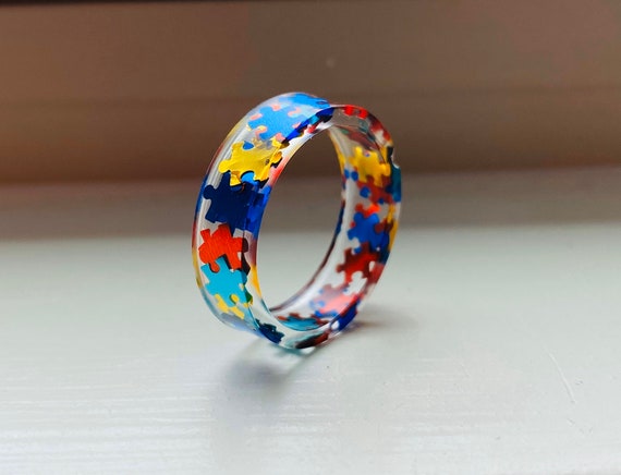 Resin Autism Awareness Ring: Primary Color Puzzle Pieces