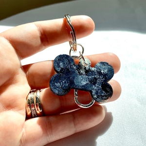 Custom Dog Bone keychain made from resin and black and white alcohol ink-silver keychain/Customized colors available!
