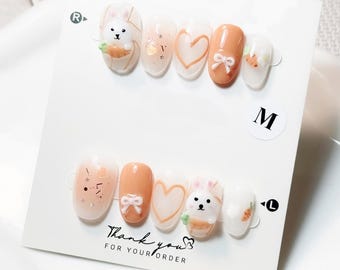 Cute Bunny Press On Nails | Kawaii Rabbit Nails | Pastel Orange Nails | Carrot Nail Art | Easter Nails | Handmade Gel Nail Set