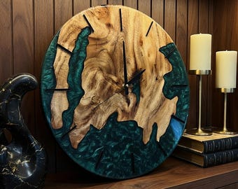 Epoxy Resin Wood Wall Clock, Ocean Style Wooden Clock, Modern Handmade Wall Decor, Unique Living Room Art, Silent Non Ticking Clock For Gift
