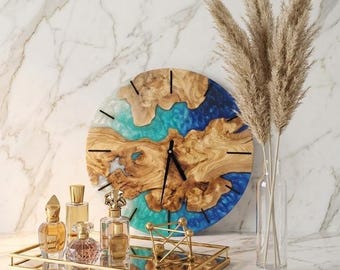 Luxury Epoxy Resin Wall Clock, Live Edge Wood And Ocean Blue Handmade Clock, Modern Minimalist Wall Decor,  Unique Art Clock for Living Room