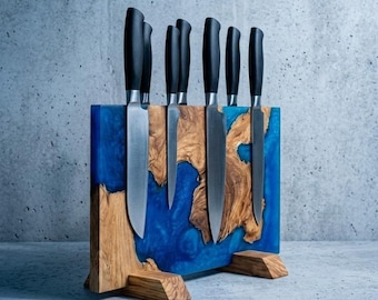 Soporte magnético para cuchillos, bloque de cuchillos de resina epoxi, estante de madera para cuchillos, soporte para cuchillos de filo natural, organizador de cuchillos de cocina, almacenamiento de cuchillos hecho a mano