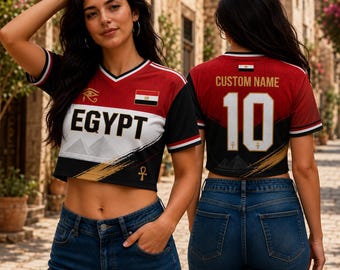 カスタムネーム入りエジプトサッカークロップトップジャージ、パーソナライズされたファラオアパレル、ワールドカップファンシャツ