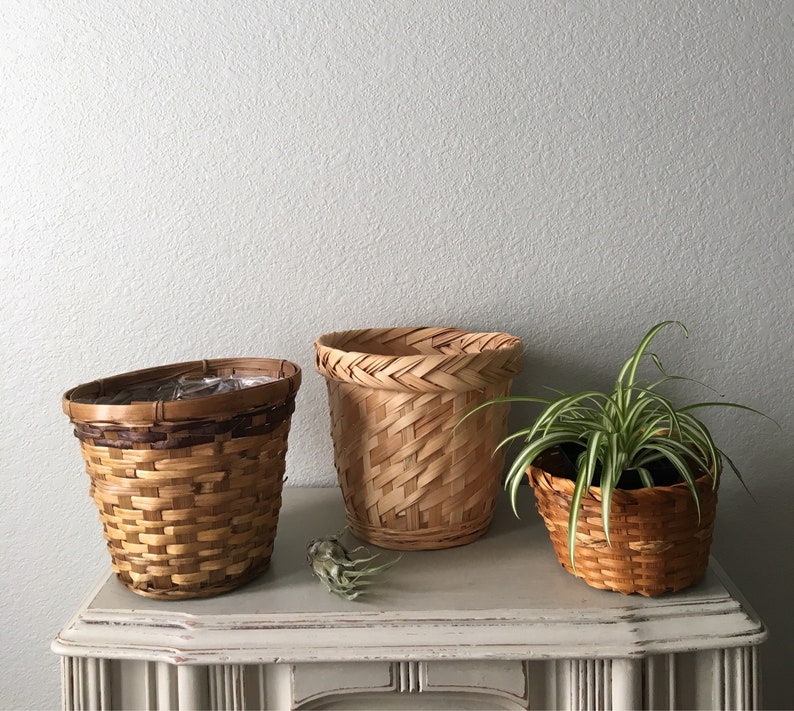 Vintage Basket Planters set of 3 Handmade Woven Bamboo Wicker Boho Style Bohemian Home Decor eclectic home