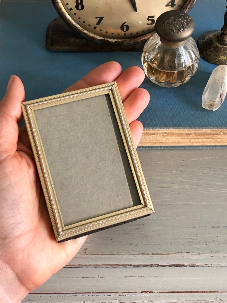 tiny vintage picture frame for wallet sized photo 2.25x3.25 in lovely gold rose gold toned metal antique decor wedding table number holder