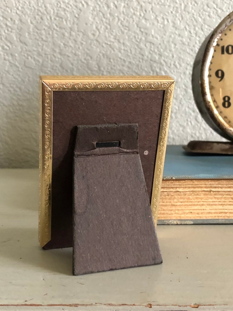 tiny vintage picture frame for wallet sized photo 2.25x3.25 in lovely gold rose gold toned metal antique decor wedding table number holder
