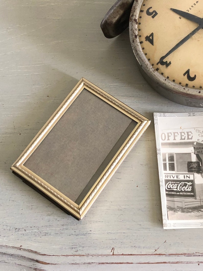 tiny vintage picture frame for wallet sized photo 2.25x3.25 in lovely gold rose gold toned metal antique decor wedding table number holder