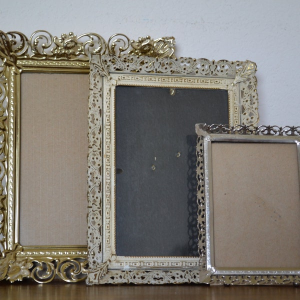 Ornate Vintage Frame Set in Gold and Silver Tones / Shabby Chic Whitewash / Home Decor