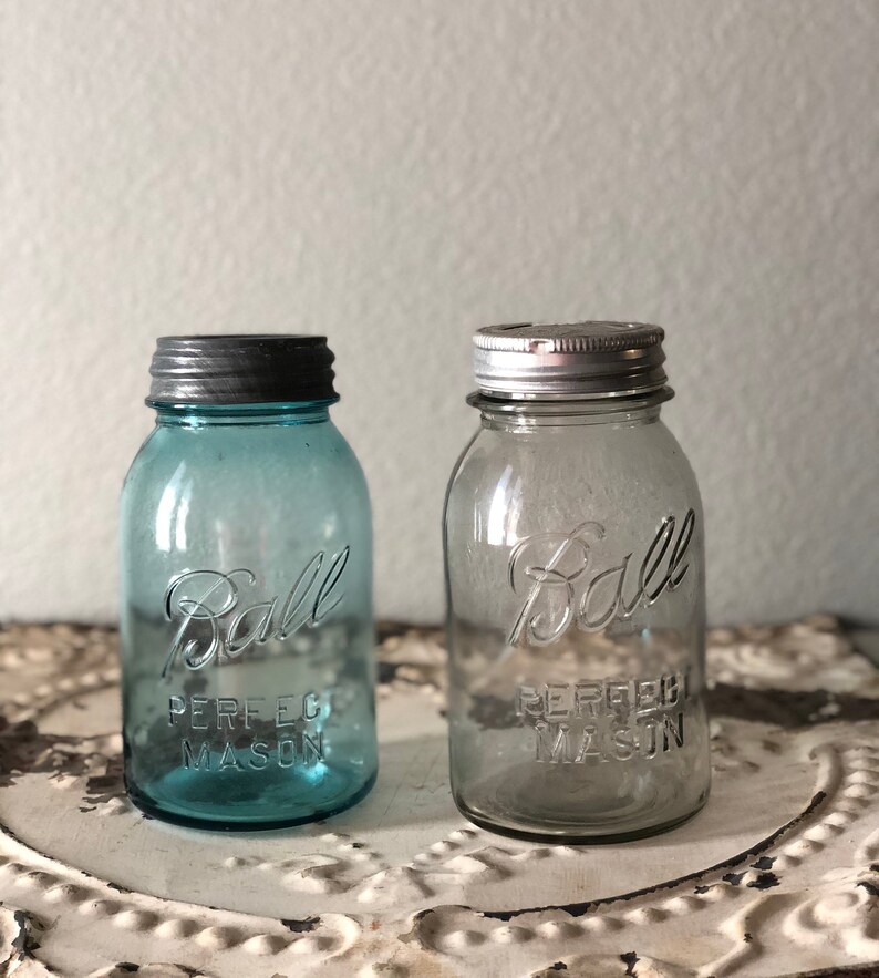 Vintage Ball Mason Jars Aqua Blue Clear Quart Antique Zinc Metal Lid Presto Good Housekeeping Mid Century Glass Canning Pantry Storage