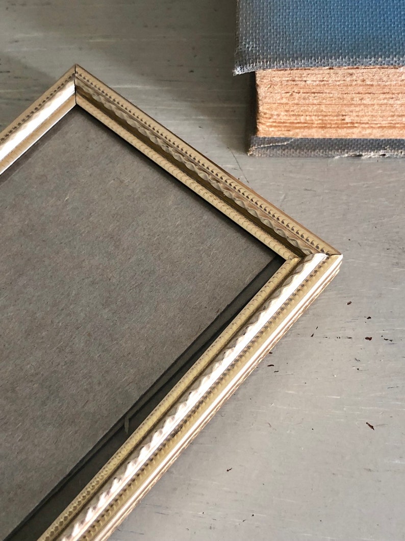 tiny vintage picture frame for wallet sized photo 2.25x3.25 in lovely gold rose gold toned metal antique decor wedding table number holder