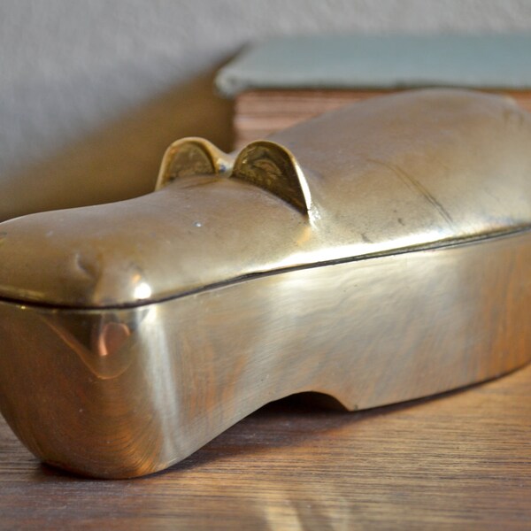 Brass Hippopotamus Lidded Trinket Box / Mod Vintage Home Decor Piece / Hippo Animal Statue / Mid Century Gold Accent / Desk Accessory