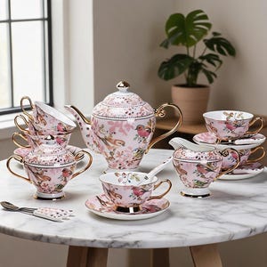 Op de afbeelding: Een theeservies van porselein met een zachtroze achtergrond en kleurrijke illustraties van vogels en bloemen. De set bevat een theepot met deksel, een suikerpot met deksel, een melkkan, meerdere theekopjes met schoteltjes en kleine lepels.