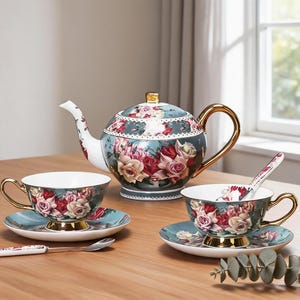 Peut inclure: Un service à thé en porcelaine comprenant une théière, deux tasses avec soucoupes assorties et deux cuillères. L'ensemble est orné d'un motif floral de roses rouges et crème sur fond bleu sarcelle, avec des anses et des bords dorés.