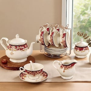 Vintage Floral Ceramic Coffee Set, Red Gold Tea Set with Teapot Cups and Saucers, Elegant European Afternoon Tea Service