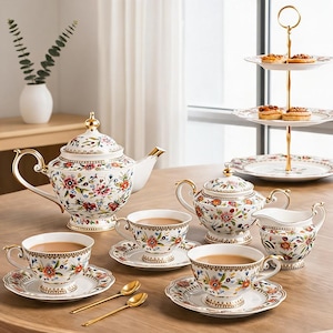May include: A porcelain tea set featuring a white base with colourful floral patterns and gold trim. The set includes a teapot, a sugar bowl, a creamer, three teacups with matching saucers, two gold spoons, and a tiered serving stand with pastries.