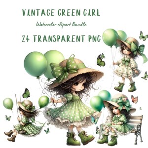 Könnte beinhalten: Aquarell-Clipart-Bundle mit dem Titel "Vintage Green Girl". Das Bild zeigt Illustrationen von Mädchen in grünen Polka-Dot-Kleidern, Strohhüten mit grünen Schleifen und grünen Stiefeln. Die Mädchen halten grüne Luftballons und sind von grünen Schmetterlingen umgeben.