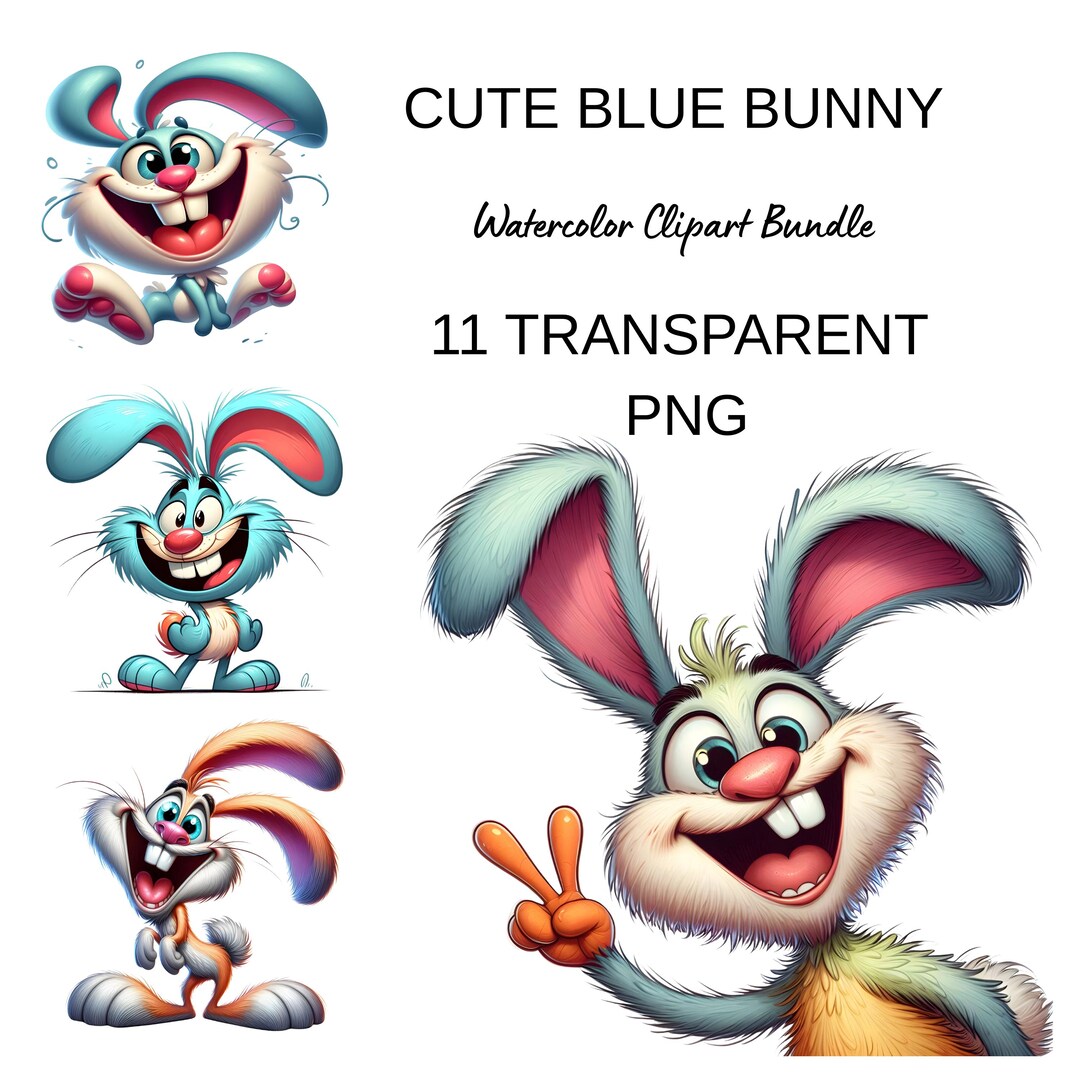Cute Blue Bunny Clipart, Watercolor Rabbit PNG, Kids Wall Art, Nursery ...