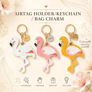 May include: Three flamingo-shaped AirTag holders or keychains in white, pink, and yellow. Each features a metal ring and a small personalised charm. Text reads: AIRTAG HOLDER/KEYCHAIN / BAG CHARM, Customizable engraving available, CUSTOMIZABLE, HANDMADE, GREAT GIFT, DAILY CARRY.