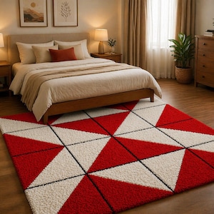 AS RUG Geometric Triangle Pattern Rug – Red & White Modern Designer Carpet for Bedroom