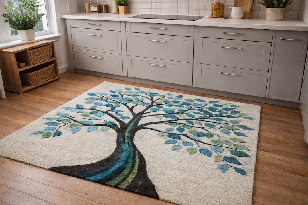 Tree Design Rugs Tree Design Area Rug – Modern Nature Inspired Carpet, Blue Green Leaves ...
