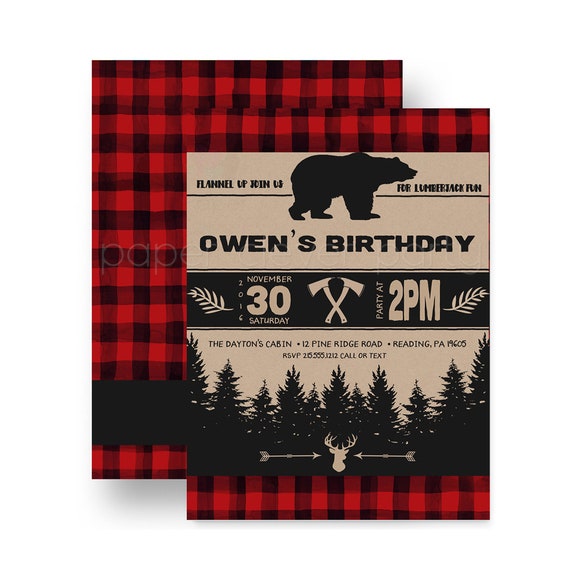 Birthday Party 15 Lumberjack Invitation Cards with Black Envelopes Baby Shower