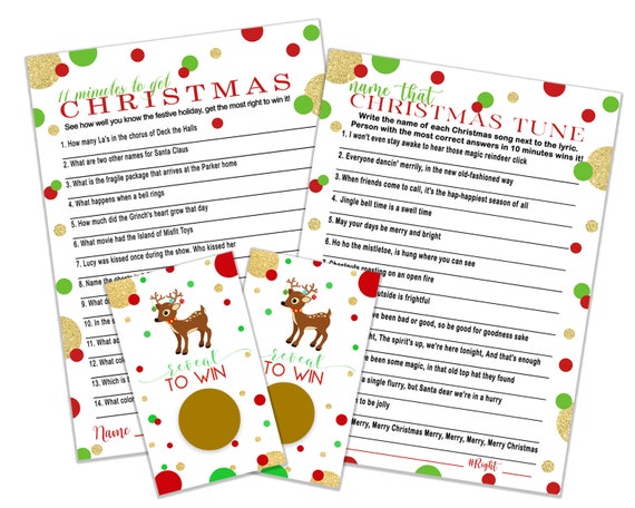 Christmas Party Game Pack Bundle (3 in 1) Includes Reindeer Scratch Off Cards - Holiday Movie Trivia - Name That Tune - 25 of Each Design Il_570xn