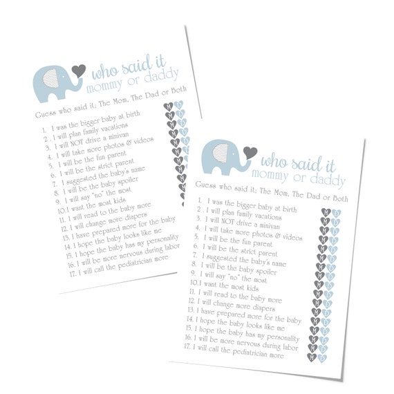 Elephant Baby Shower Mommy Daddy Game (25 Pack) Guess Who Activity Cards – Little Peanut – Boys Party Supplies – Blue Grey Jungle Animal Il_570xn