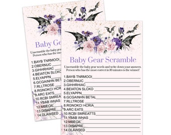 Gothic Baby Shower Game Word Scramble Girls Halloween Spooky Pink and Purple - Printable Digital Download Print Your Own