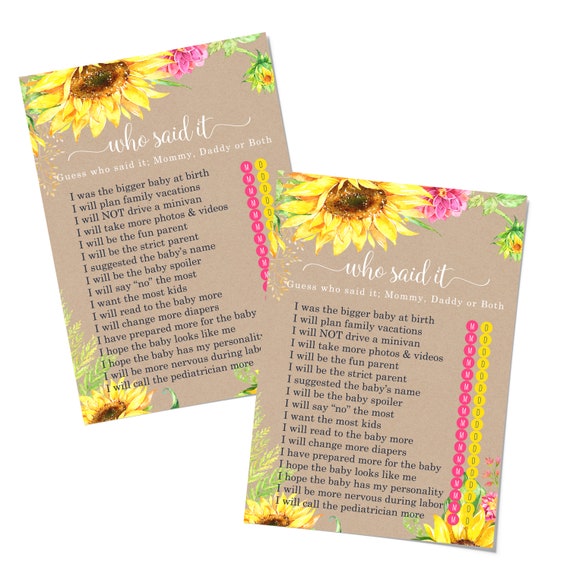 Sunflower Baby Shower Mommy Daddy Game (25 Pack) Guess Who Activity Cards – Country Flowers – Rustic Party Supplies - Reveal Yellow Pink Il_570xn