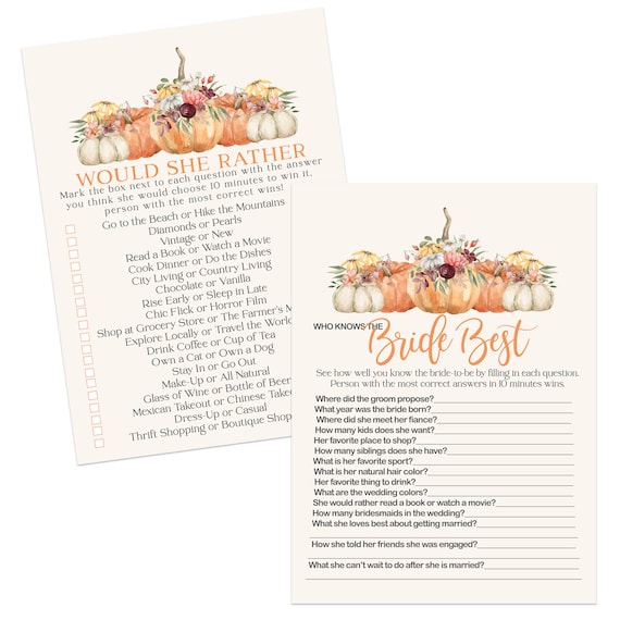 Fall Bridal Shower Game Pack Bundle - Set Includes Would She Rather, Who Knows the Bride Best - Event Theme Rustic Autumn Pumpkin Floral Il_570xn