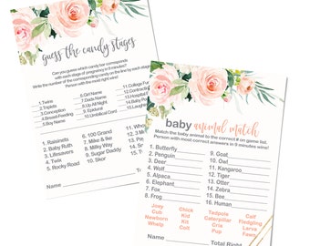 Blush Greenery Baby Shower Game Bundle (25 Guests) Animal Match Up - Pregnancy Candy Guessing Activity Cards – Girls Flower Party Supplies