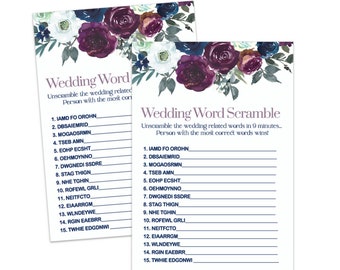 Plum and Navy Bridal Shower Word Scramble Game Funny Wedding Activity Party Printable Digital Download Print Your Own Rustic Floral