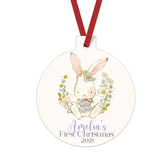 Bunny First Christmas Ornament Personalized – Newborn Girls Tree Decoration Floral – Purple Holiday Tree Decor – Custom Gift for New Parents Il_570xn