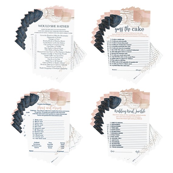 Abstract Bridal Shower Game Bundle (25 Guests) Word Scramble – Guess the Cake – Would She Rather – Famous Couples – Navy Pink Gold Wedding Il_570xn