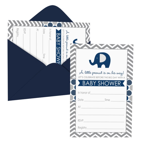 Navy Elephant Invitations with Envelopes (15 Cards) Boys Baby Shower – Jungle Animal Theme – Printed Blank Invite Pack - Paper Clever Party Il_570xn