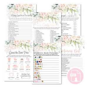 Baby Shower Games Bundle: Pink & Gold Floral, 6 Printable Activities (Digital Download)