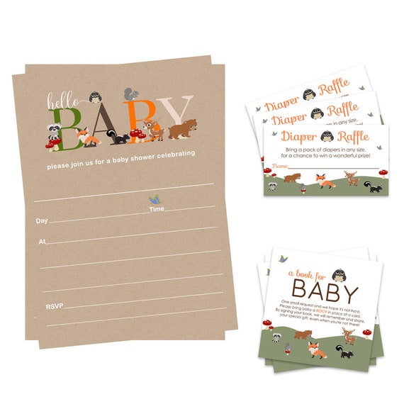 Envelopes 25 Guests Diaper Raffle Tickets Rustic Woodland Baby Shower Invitation Bundle Includes Fill In Invites Bring a Book Cards