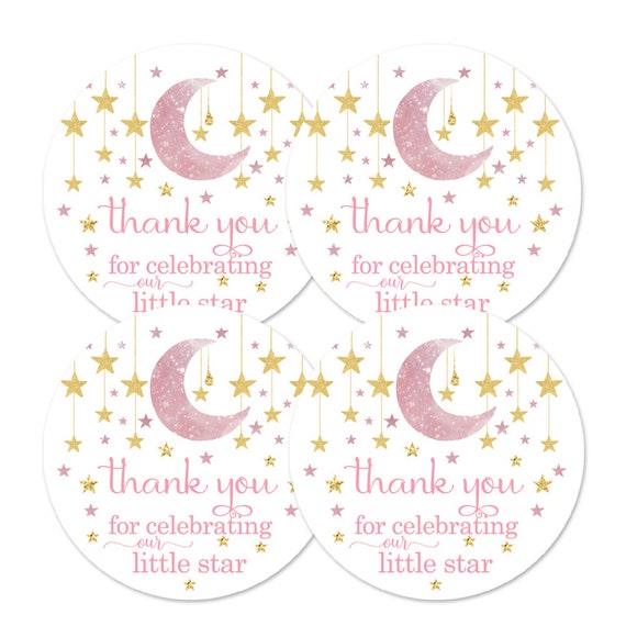 Twinkle Little Star Stickers (50 Pack) Use for Girls Baby Shower Favor - Thank Guests for Celebrating – Pink and Gold Celestial Moon Event Il_570xn