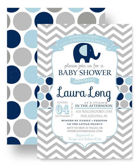 Little Peanut Baby Shower Invitations for Boy | Elephant Design | Navy Dot and Grey Chevron | Customized Printable or Printed Invites Il_570xn
